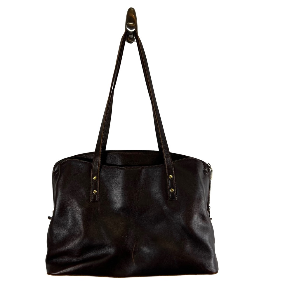 S-ZONE Women Dark Brown Leather Tote Bag Shoulder Purse Brass Hardware Zip Top